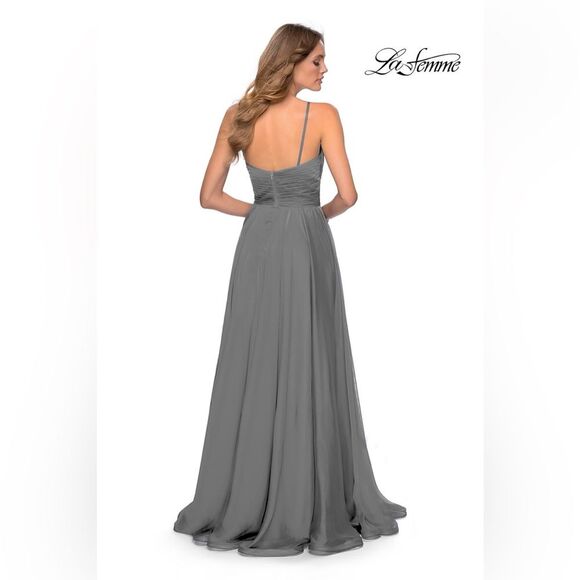 NWT Flaw | 28611 La Femme Silver Gray Platinum Chiffon Ball Gown Formal Dress 4 - Picture 2 of 14